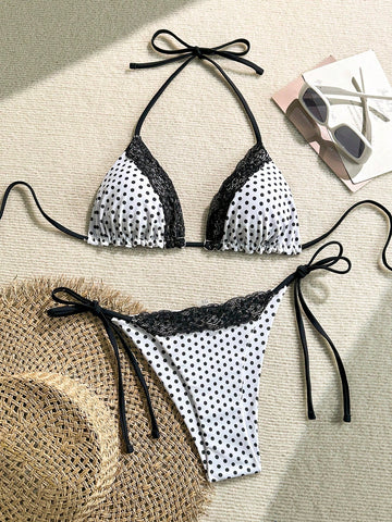 Women's 2-piece high-waist bikini swimsuit set featuring triangle cups and tie-side bottoms