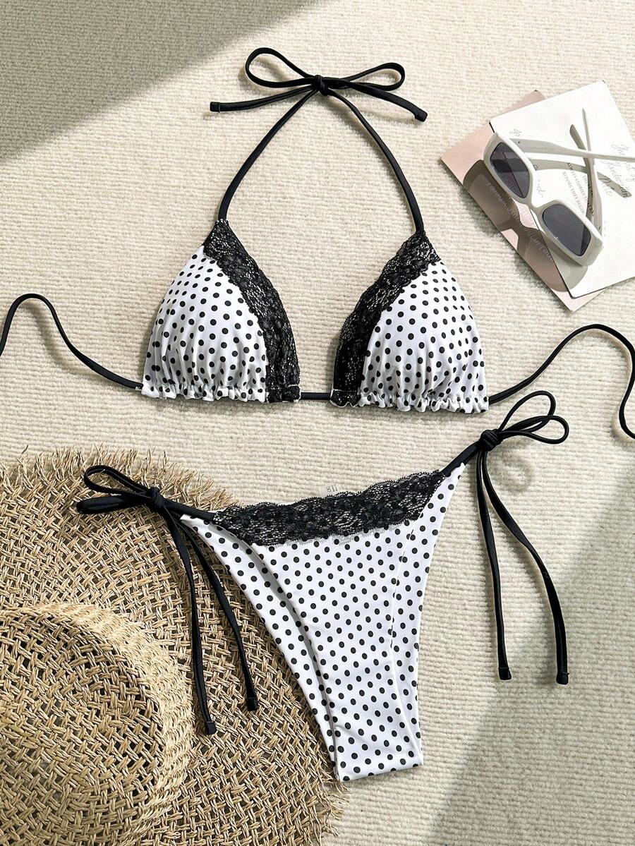 Women's 2-piece high-waist bikini swimsuit set featuring triangle cups and tie-side bottoms