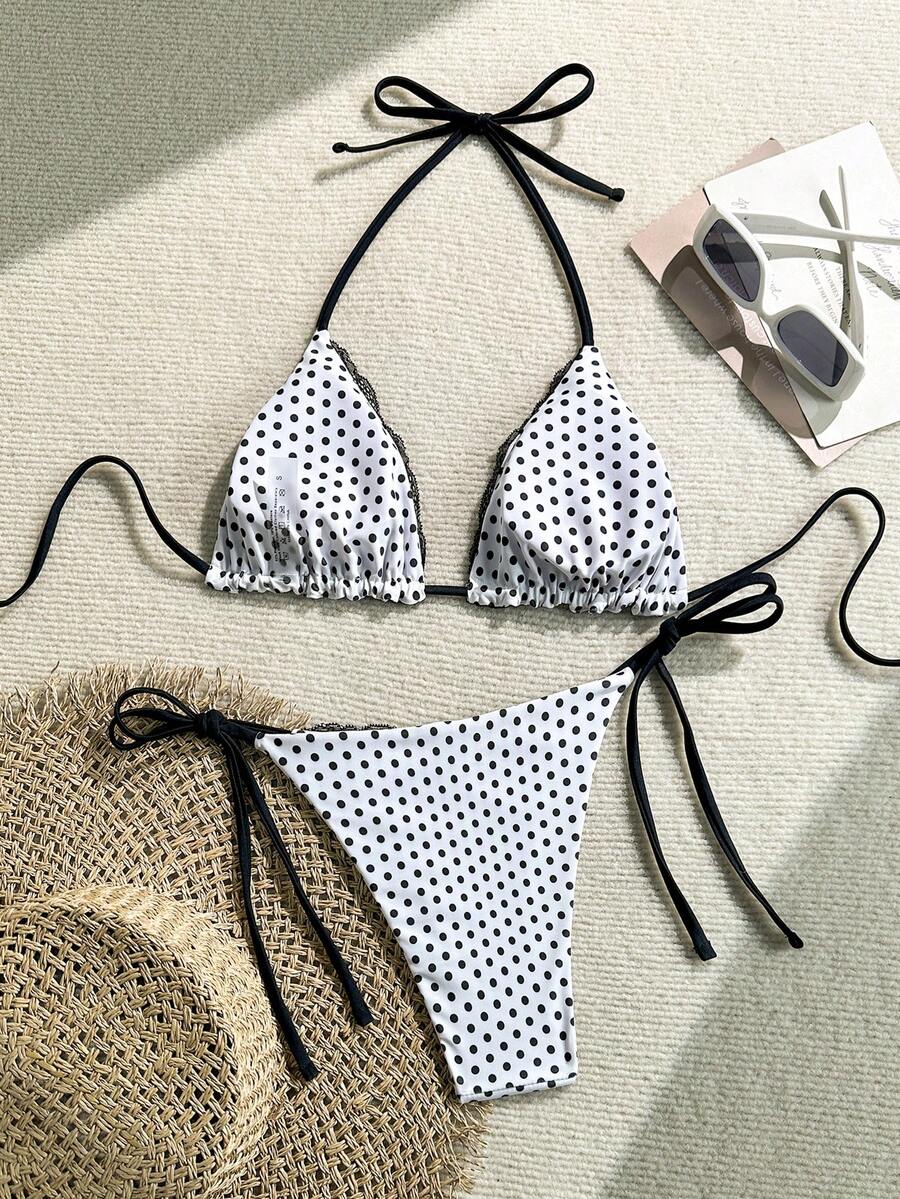Women's 2-piece high-waist bikini swimsuit set featuring triangle cups and tie-side bottoms
