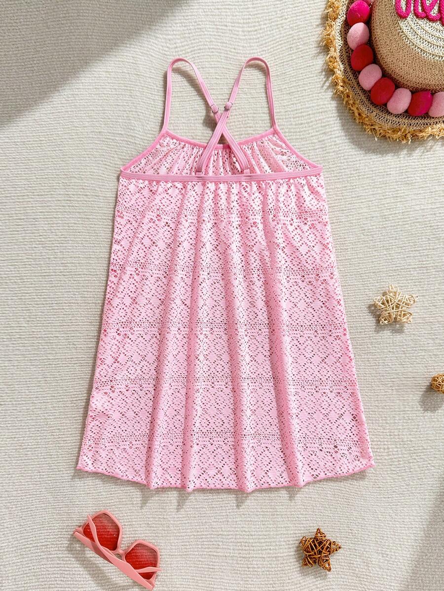 Multicolor sheer hollow-out beach coverup dress with spaghetti straps for tween girls