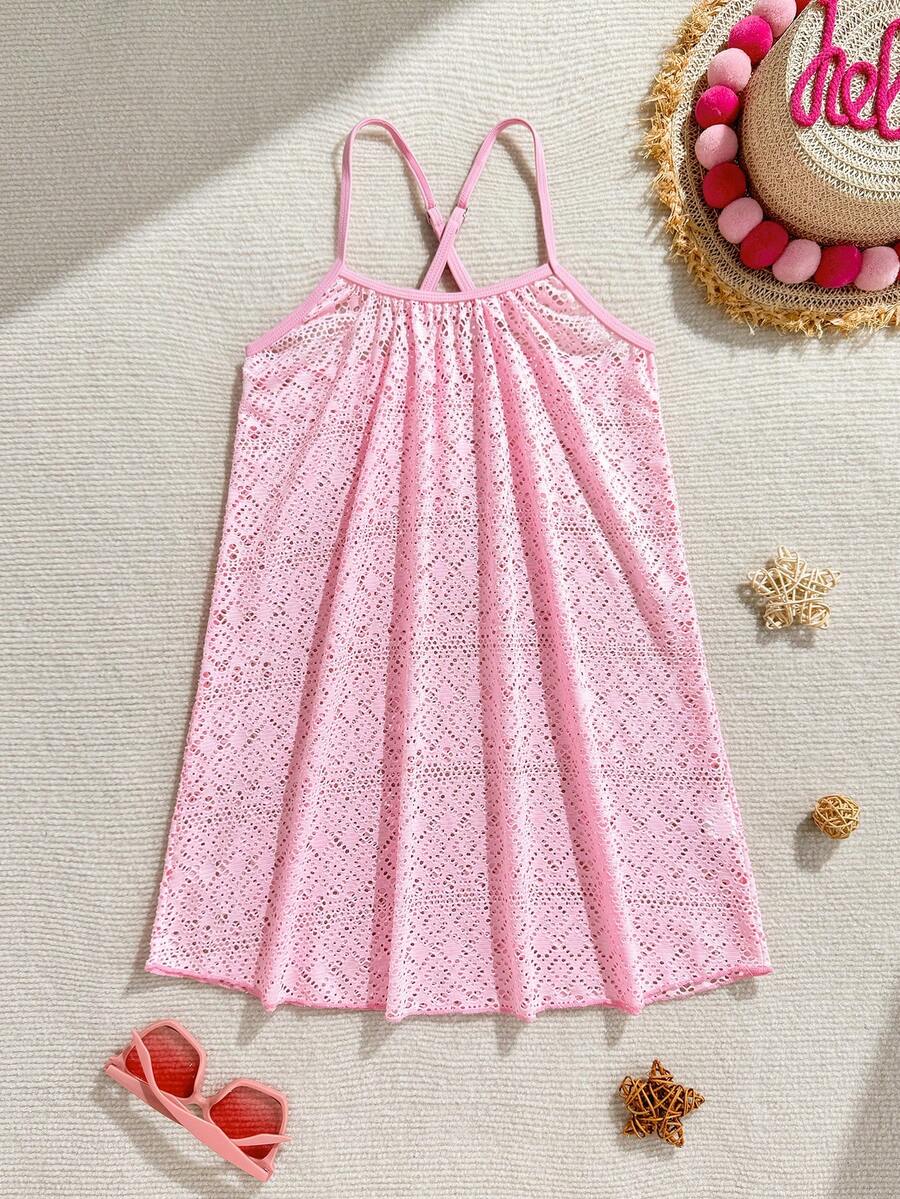 Multicolor sheer hollow-out beach coverup dress with spaghetti straps for tween girls