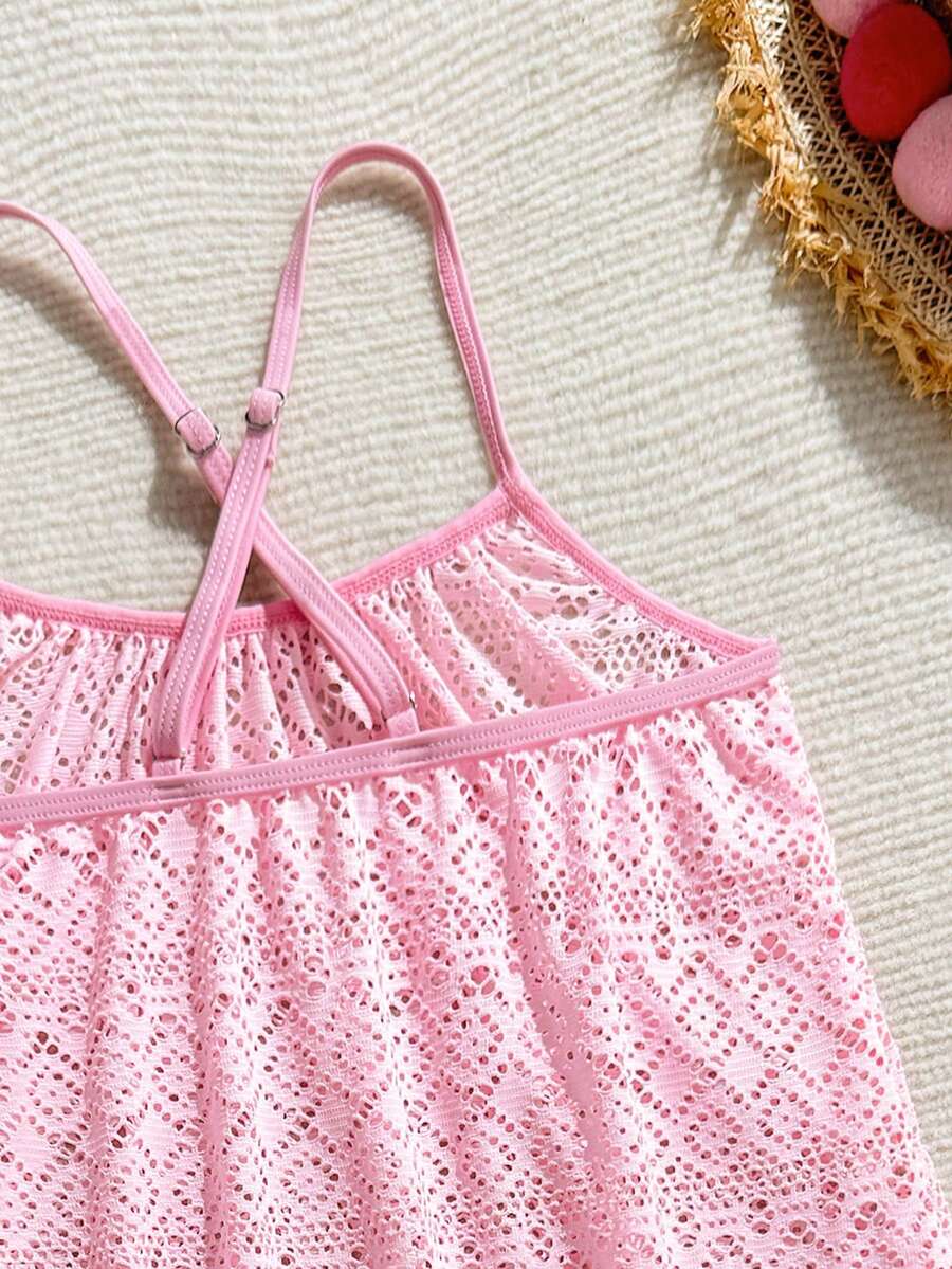 Multicolor sheer hollow-out beach coverup dress with spaghetti straps for tween girls