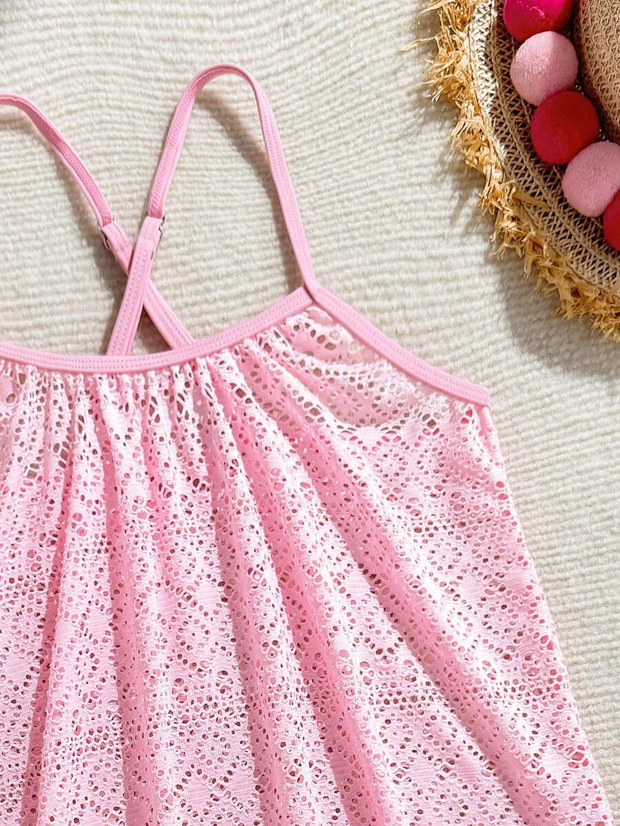 Multicolor sheer hollow-out beach coverup dress with spaghetti straps for tween girls