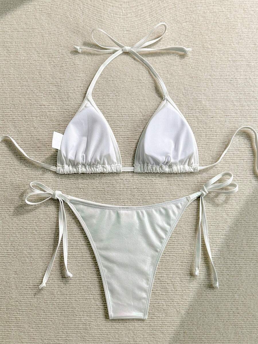 Women's two-piece halter triangle bikini set featuring tie-side high-waist bottoms and tie-back top.