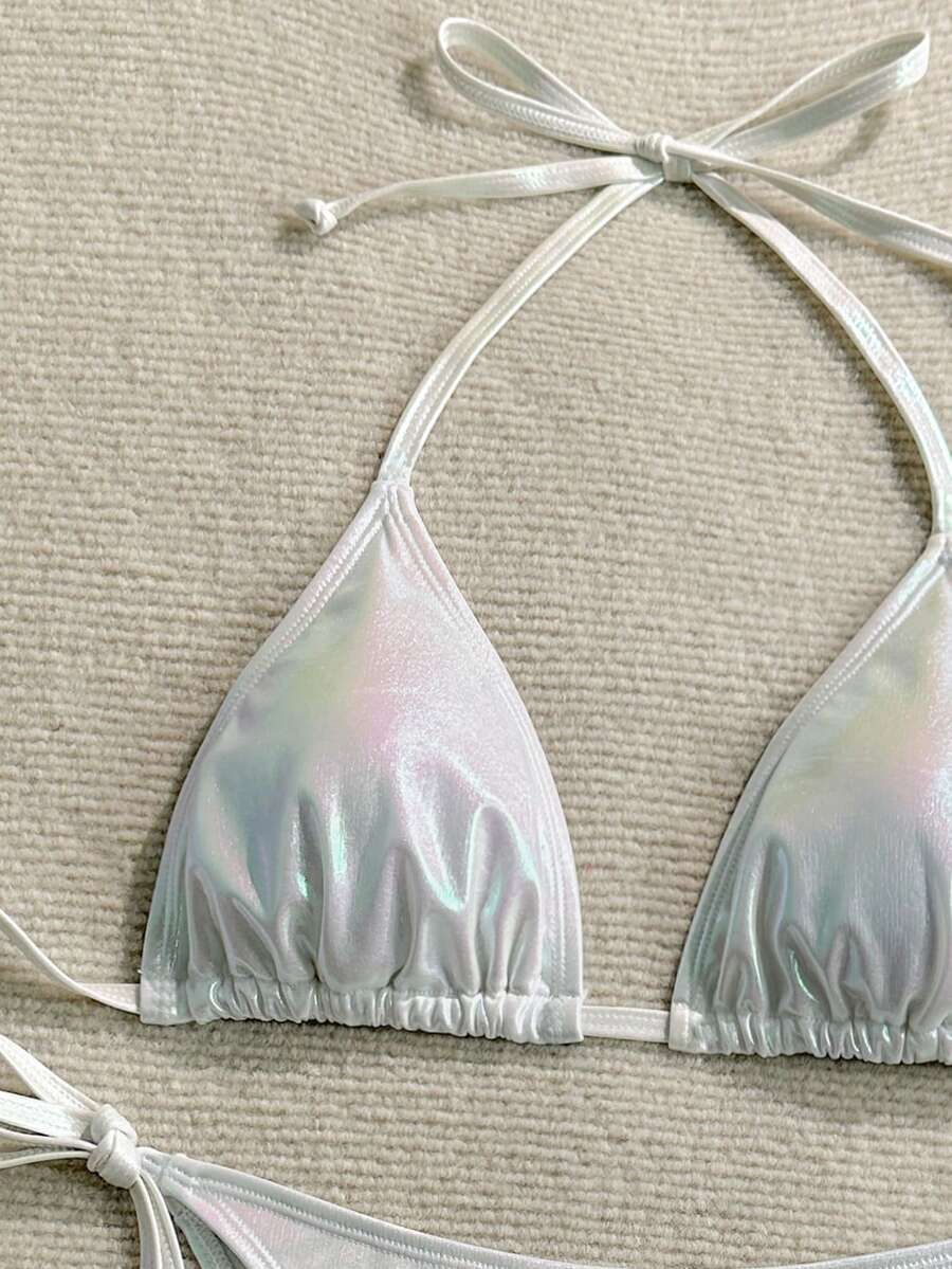 Women's two-piece halter triangle bikini set featuring tie-side high-waist bottoms and tie-back top.