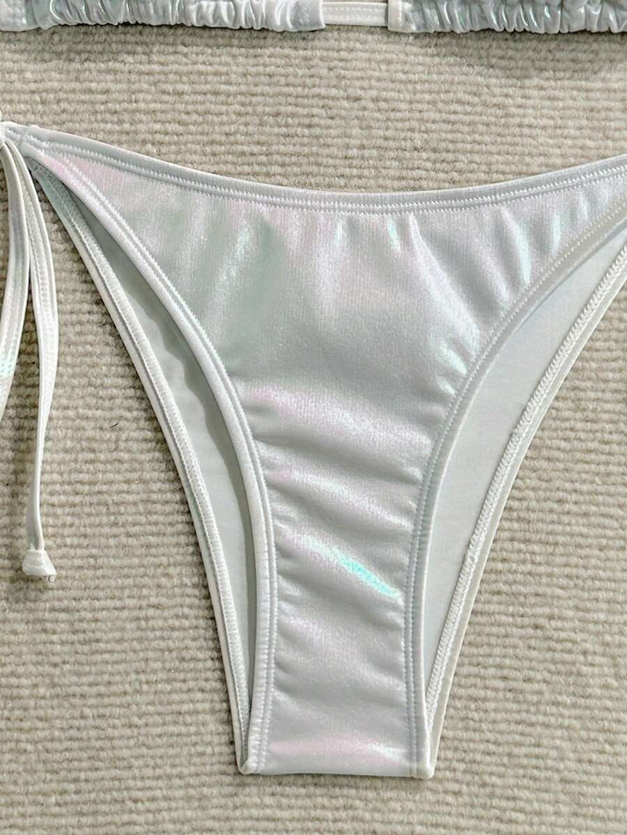 Women's two-piece halter triangle bikini set featuring tie-side high-waist bottoms and tie-back top.
