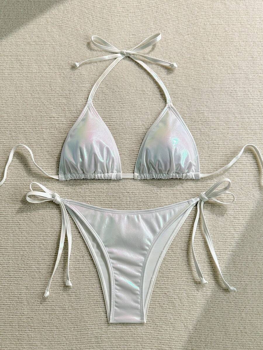 Women's two-piece halter triangle bikini set featuring tie-side high-waist bottoms and tie-back top.