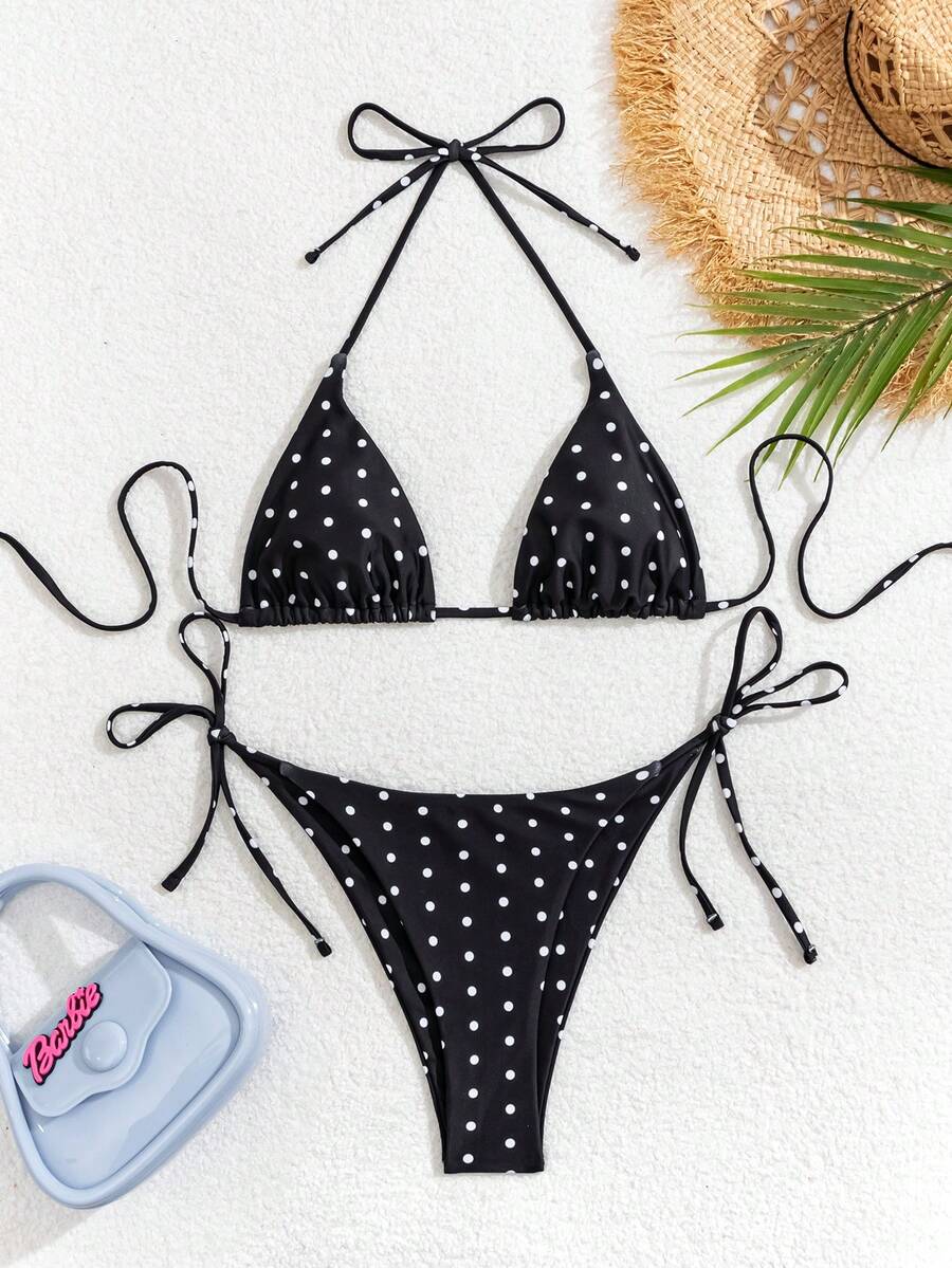 Women's high waist 2-piece triangle bikini set featuring colorblock trim, halter neckline, wireless bra with removable padding, and tie-side bottoms.