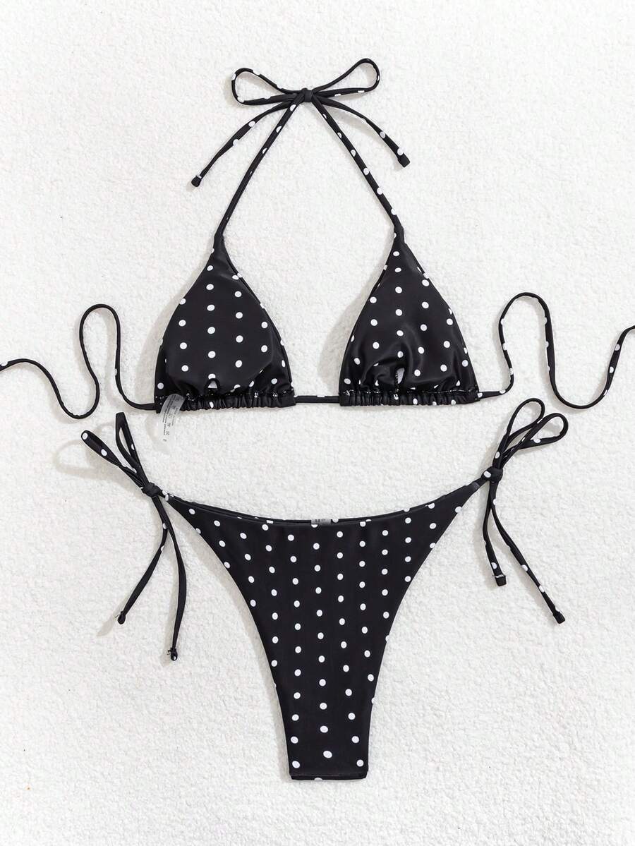 Women's high waist 2-piece triangle bikini set featuring colorblock trim, halter neckline, wireless bra with removable padding, and tie-side bottoms.