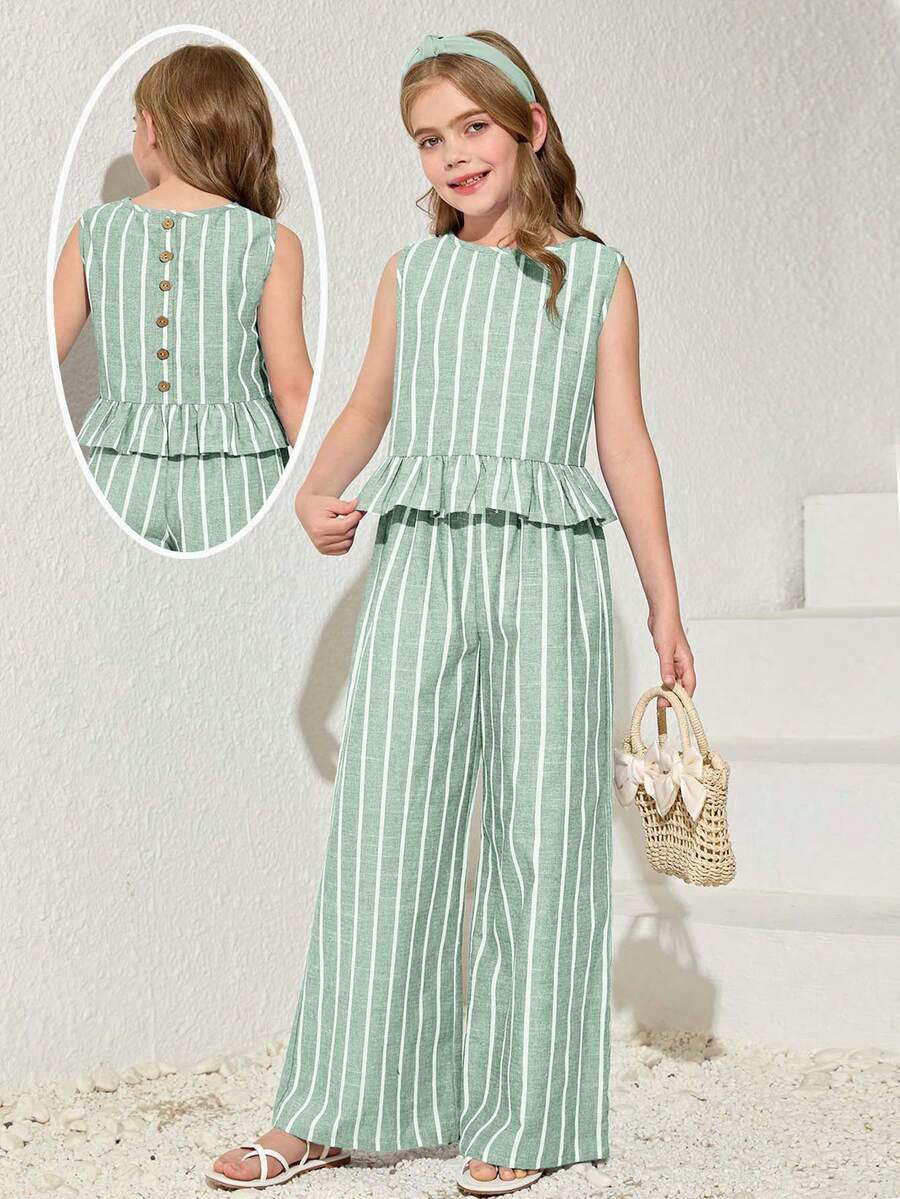 Tween girls casual apricot striped sleeveless top with round neck and ruffle hem paired with matching straight leg pants.