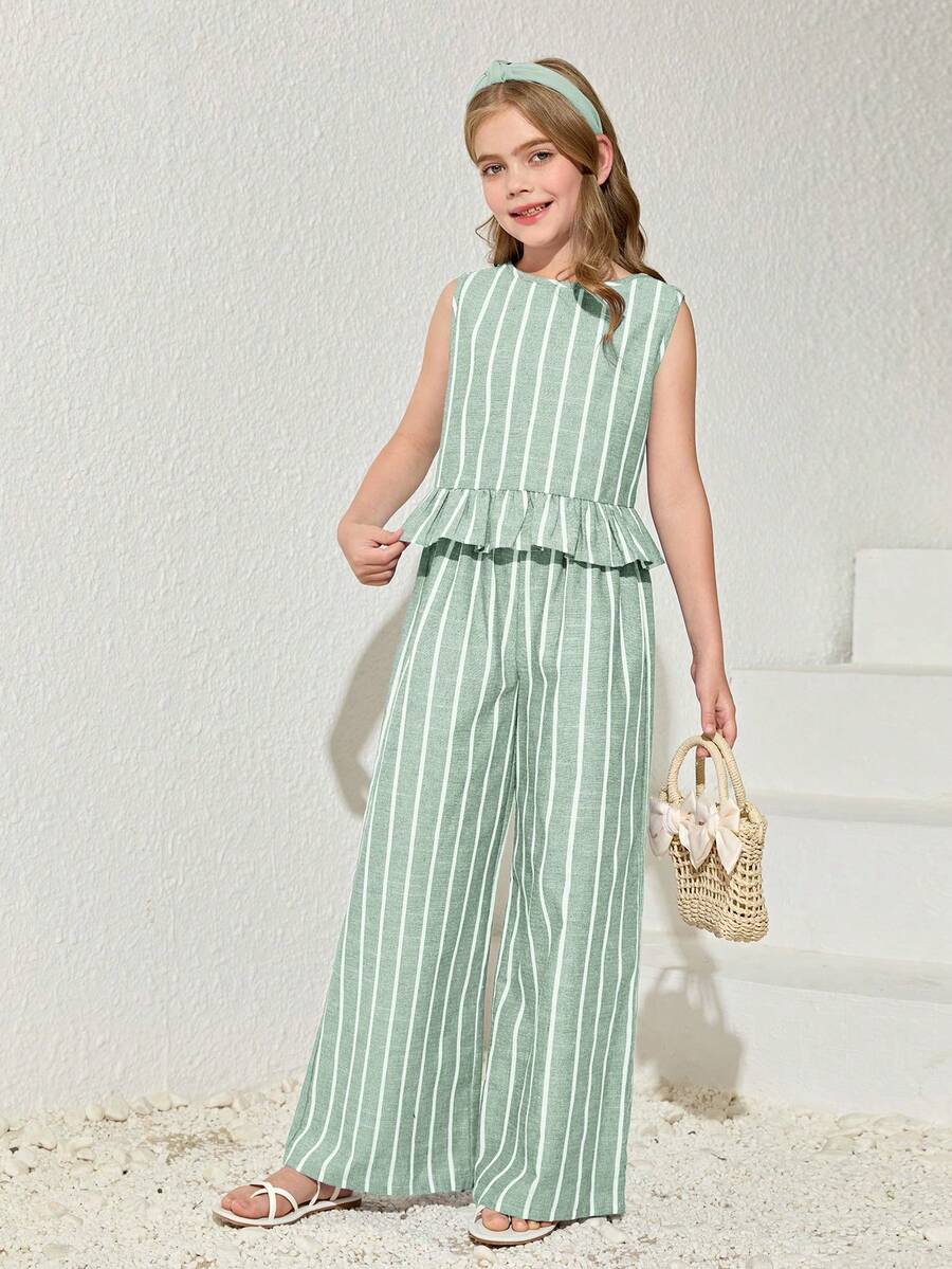 Tween girls casual apricot striped sleeveless top with round neck and ruffle hem paired with matching straight leg pants.