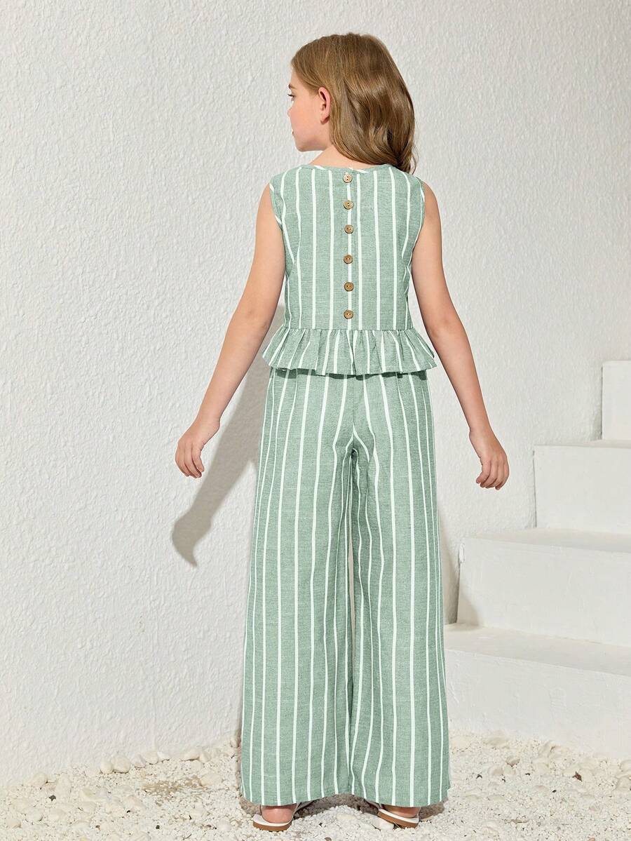 Tween girls casual apricot striped sleeveless top with round neck and ruffle hem paired with matching straight leg pants.