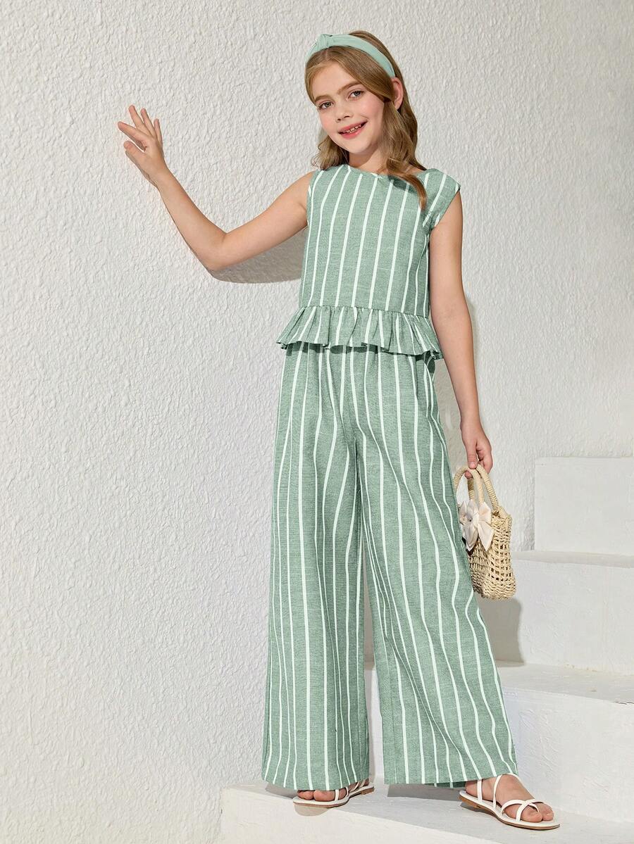 Tween girls casual apricot striped sleeveless top with round neck and ruffle hem paired with matching straight leg pants.
