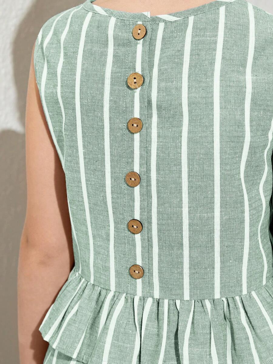 Tween girls casual apricot striped sleeveless top with round neck and ruffle hem paired with matching straight leg pants.