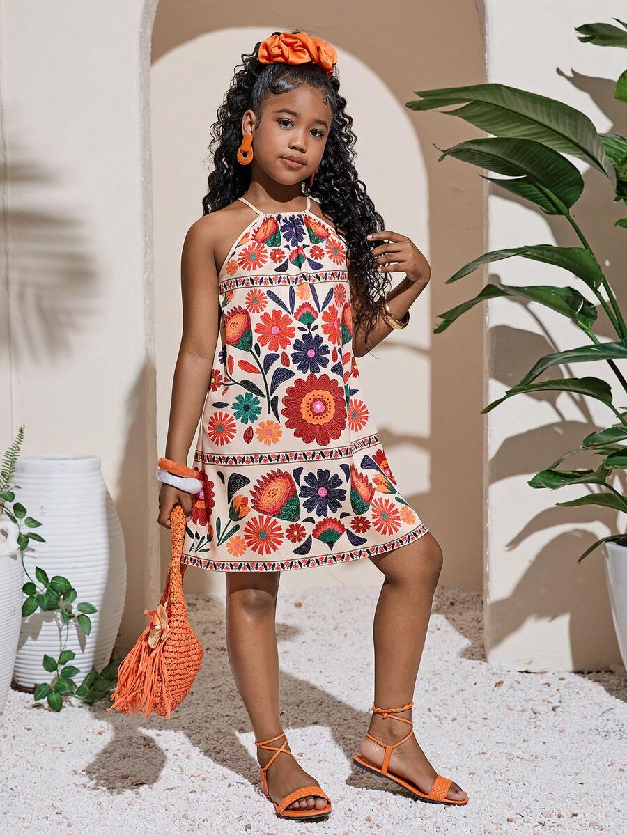 Tween girls floral halter A-line dress with contrast lace, applique and fringe details, sleeveless short length in polyester