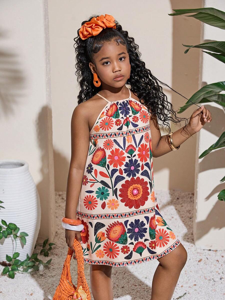 Tween girls floral halter A-line dress with contrast lace, applique and fringe details, sleeveless short length in polyester