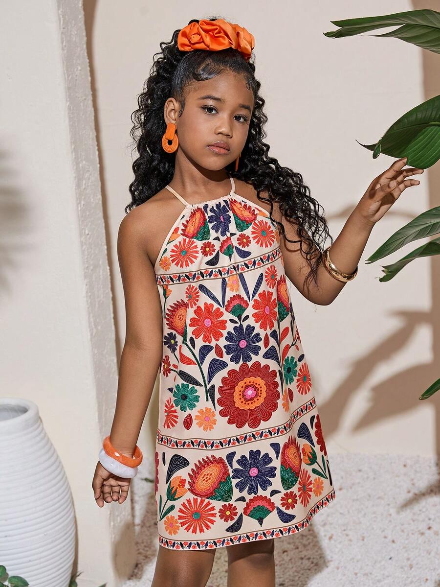 Tween girls floral halter A-line dress with contrast lace, applique and fringe details, sleeveless short length in polyester