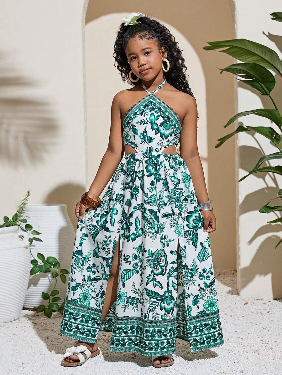 Tween girl yellow long halter dress with cutout waist, split detail, shirred textured fabric, sleeveless design, high waist, and flared hem for beach vacation wear.