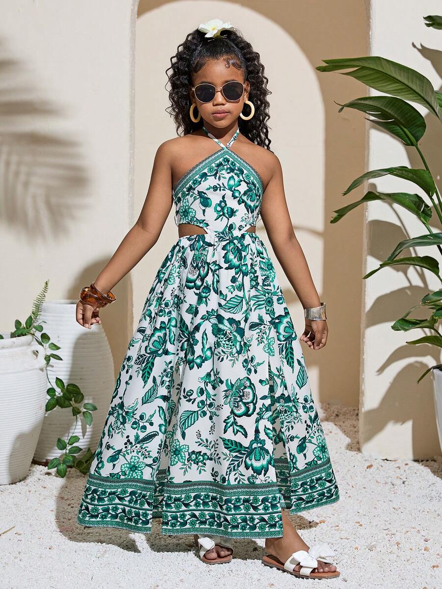 Tween girl yellow long halter dress with cutout waist, split detail, shirred textured fabric, sleeveless design, high waist, and flared hem for beach vacation wear.