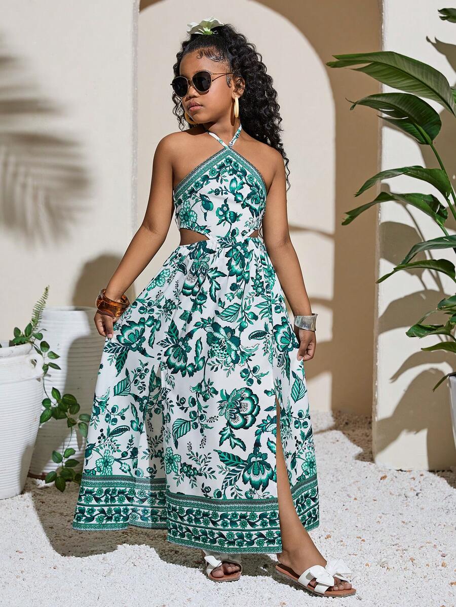 Tween girl yellow long halter dress with cutout waist, split detail, shirred textured fabric, sleeveless design, high waist, and flared hem for beach vacation wear.