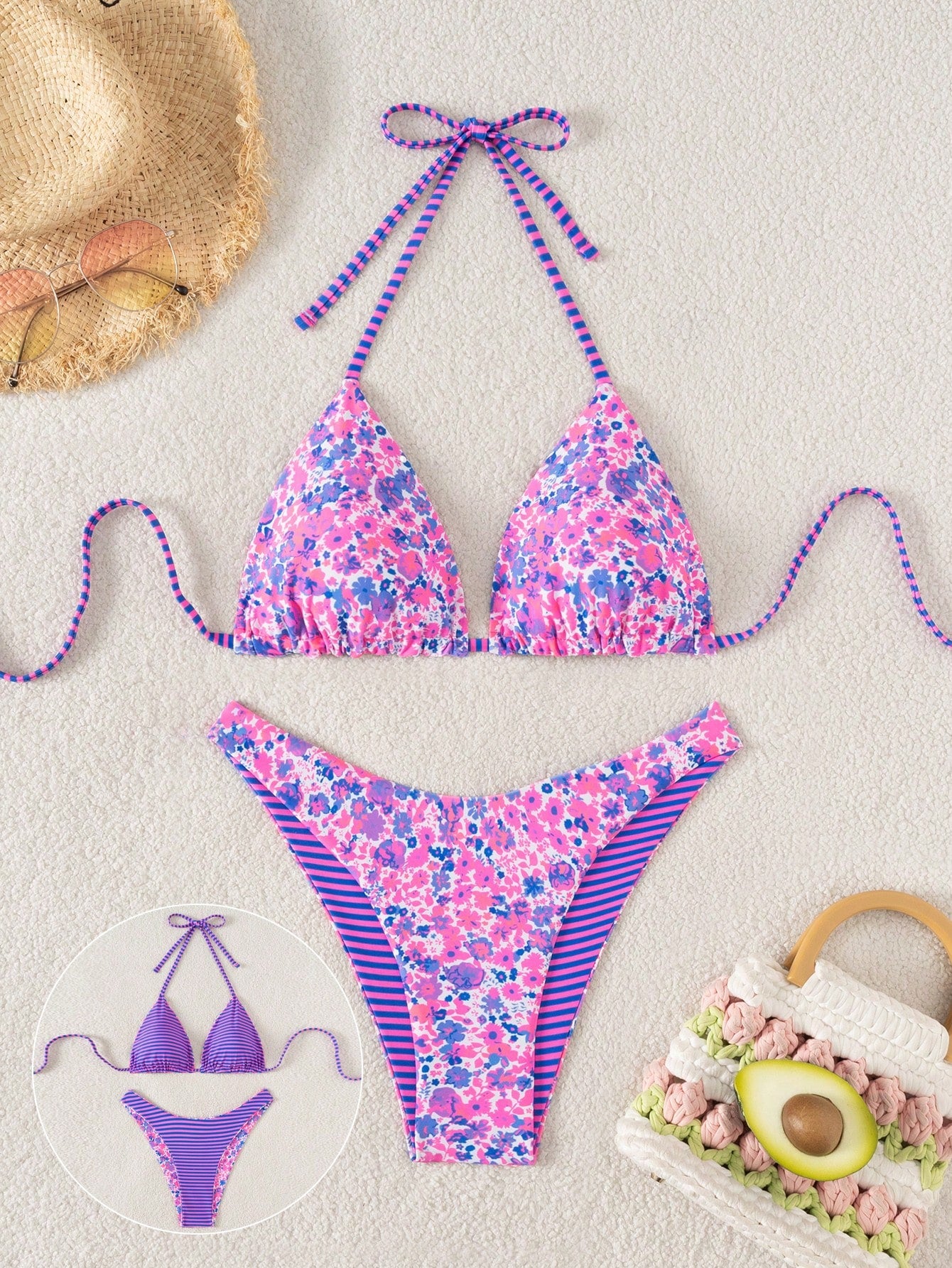 Women's two-piece halter bikini set featuring high cut thong bottoms and removable padding