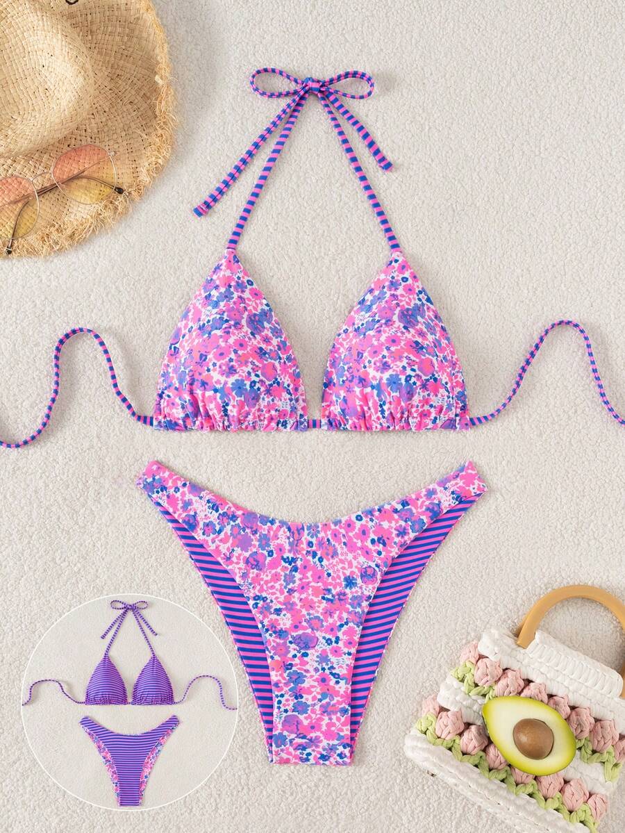 Women's two-piece halter bikini set featuring high cut thong bottoms and removable padding
