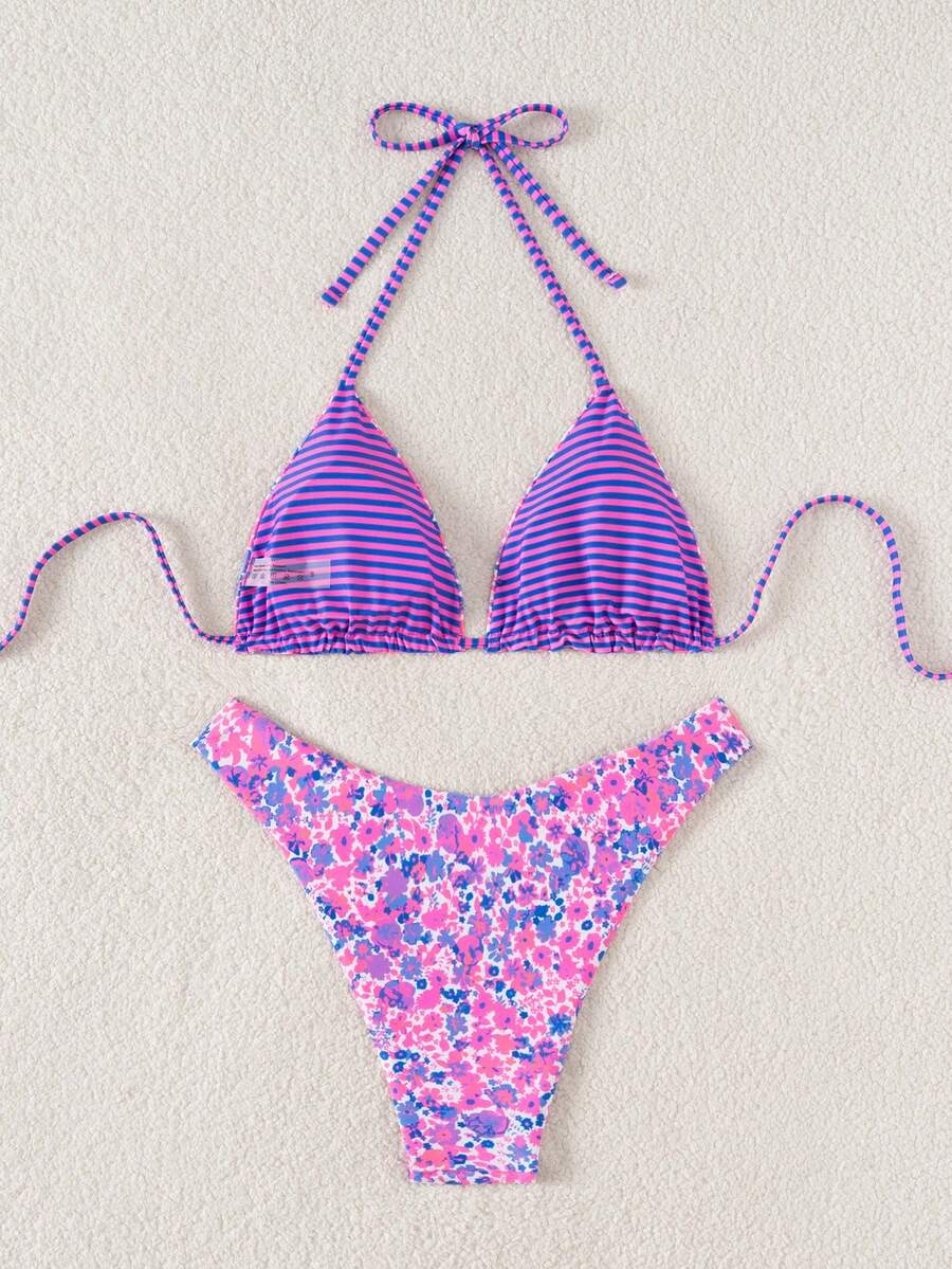 Women's two-piece halter bikini set featuring high cut thong bottoms and removable padding