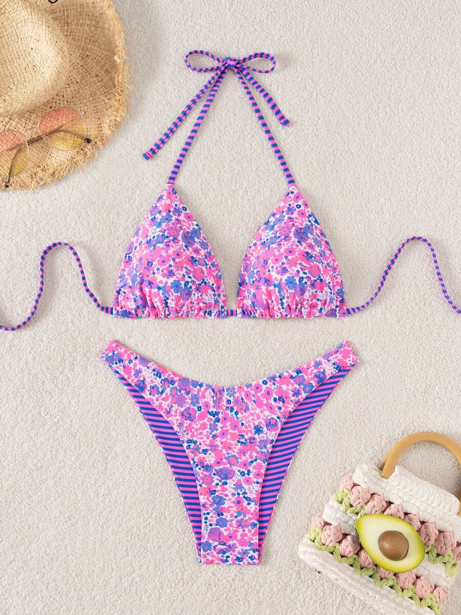 Women's two-piece halter bikini set featuring high cut thong bottoms and removable padding