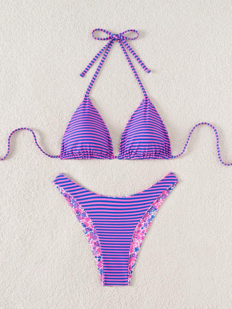 Women's two-piece halter bikini set featuring high cut thong bottoms and removable padding