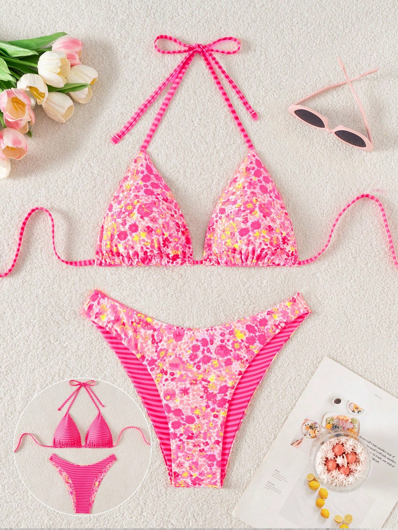 Women's two-piece halter bikini set featuring high cut thong bottoms and removable padding