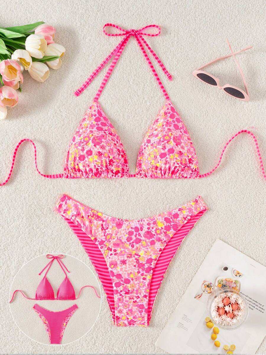 Women's two-piece halter bikini set featuring high cut thong bottoms and removable padding
