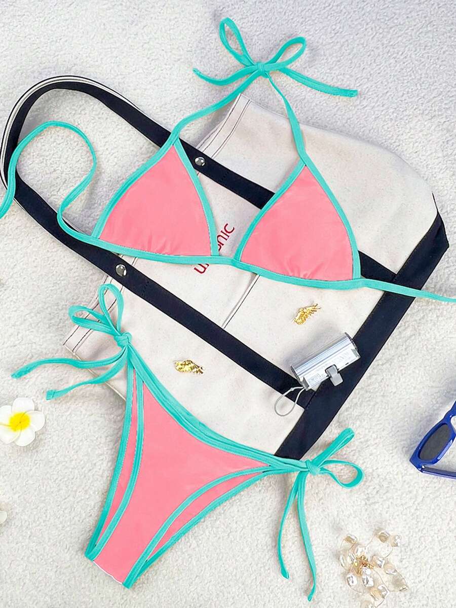 Women's apricot solid halter tie bikini top with triangle cups and matching tie-side swimsuit bottoms.