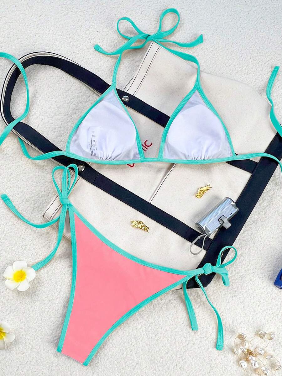 Women's apricot solid halter tie bikini top with triangle cups and matching tie-side swimsuit bottoms.