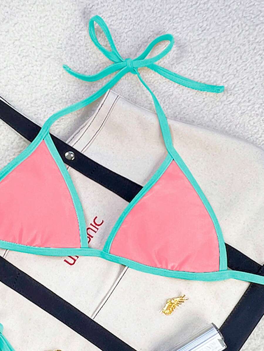 Women's apricot solid halter tie bikini top with triangle cups and matching tie-side swimsuit bottoms.