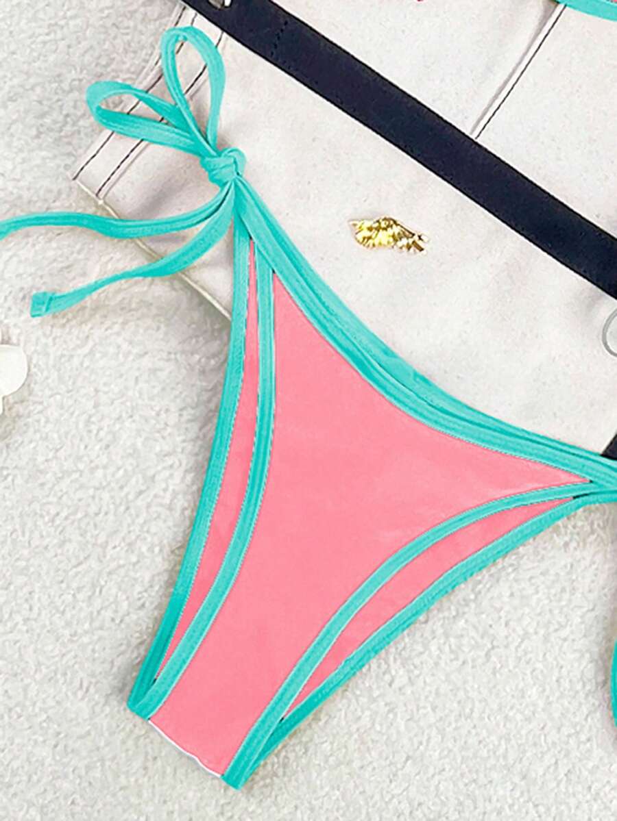 Women's apricot solid halter tie bikini top with triangle cups and matching tie-side swimsuit bottoms.