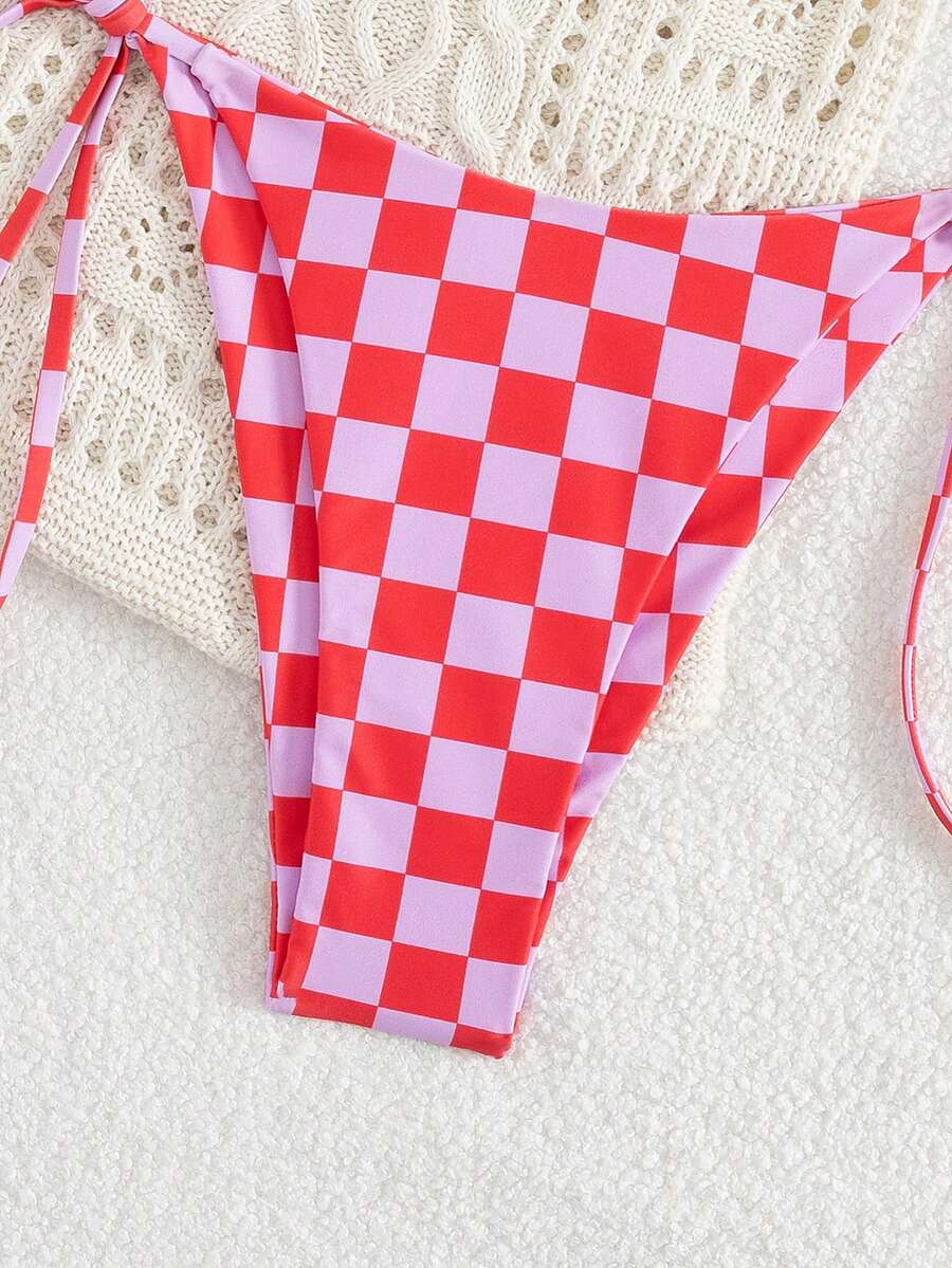 Multicolor striped halter neck two-piece bikini set featuring wireless triangle cups and low-waist tie-side bottoms.