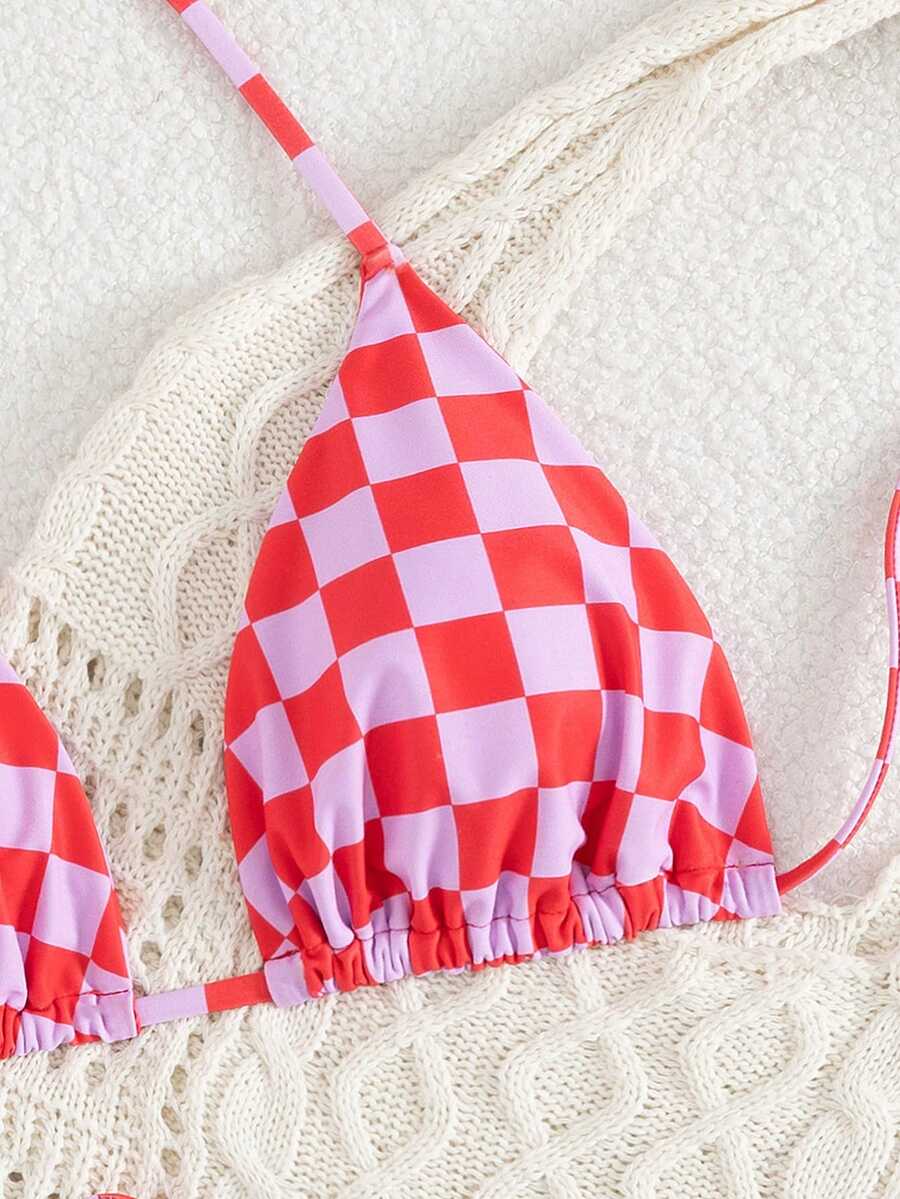 Multicolor striped halter neck two-piece bikini set featuring wireless triangle cups and low-waist tie-side bottoms.