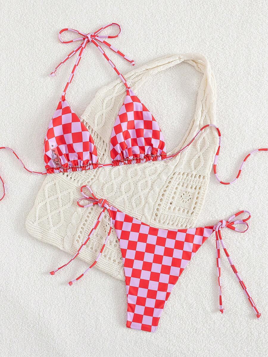 Multicolor striped halter neck two-piece bikini set featuring wireless triangle cups and low-waist tie-side bottoms.