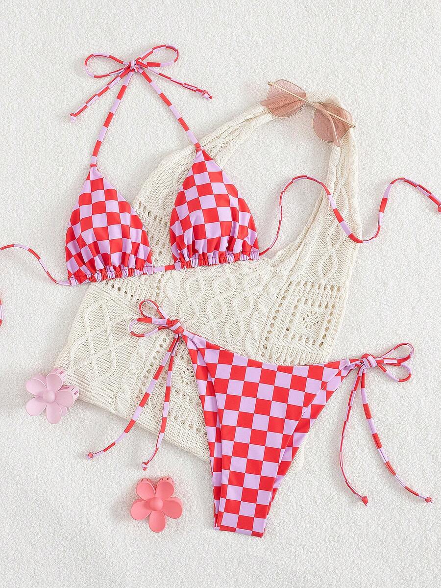 Multicolor striped halter neck two-piece bikini set featuring wireless triangle cups and low-waist tie-side bottoms.