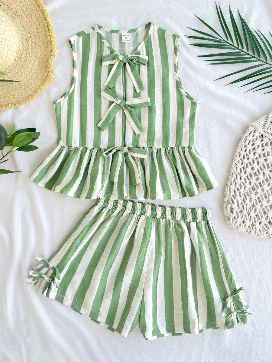 Tween girls green and white striped 2-piece summer set featuring a sleeveless bowknot ruffle crop top and casual shorts.