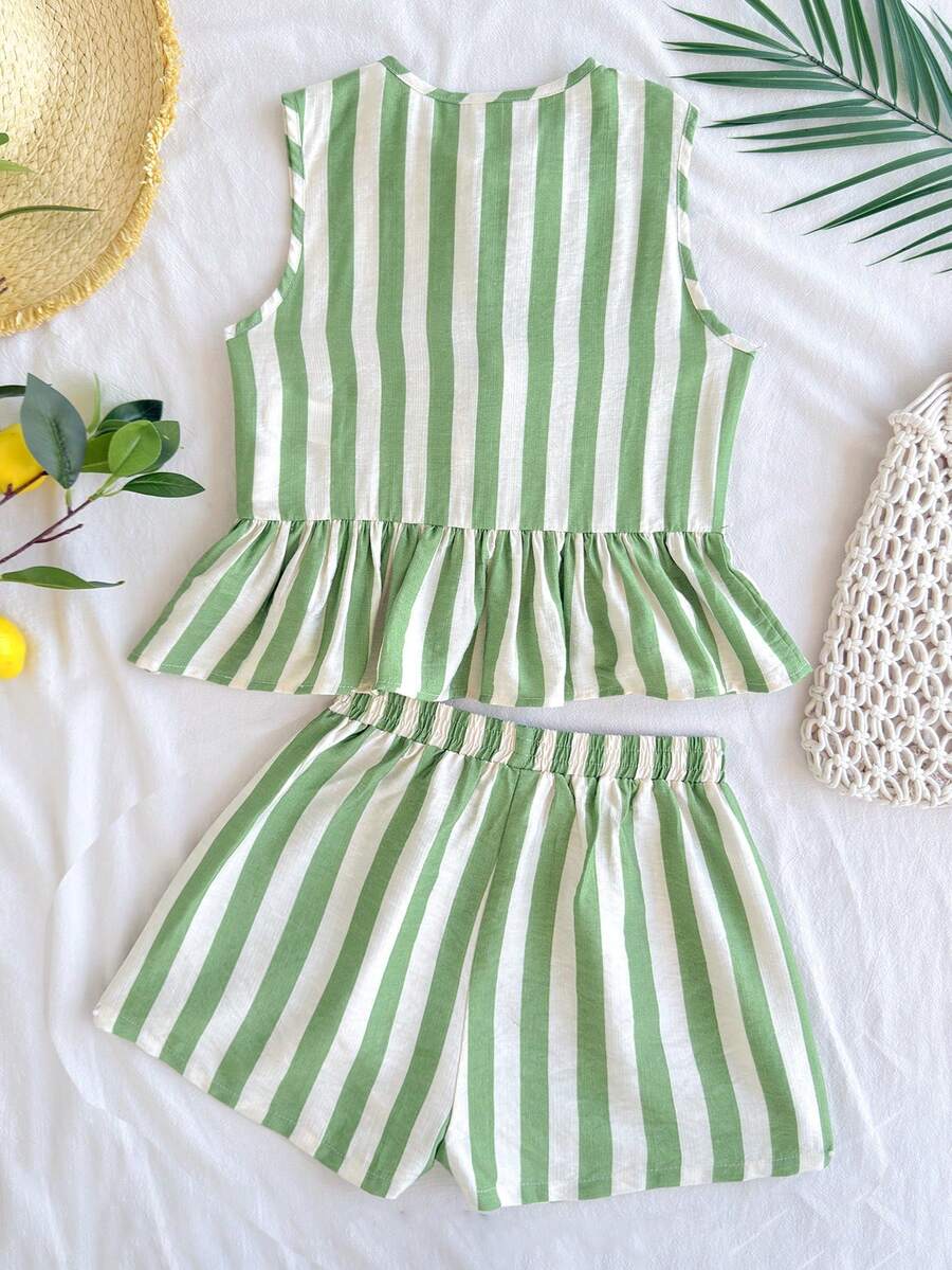 Tween girls green and white striped 2-piece summer set featuring a sleeveless bowknot ruffle crop top and casual shorts.