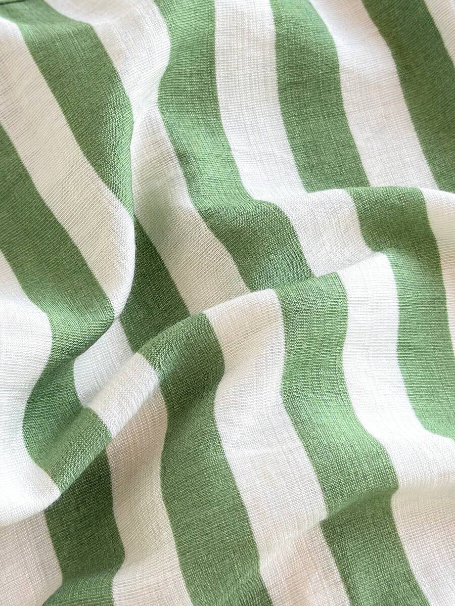 Tween girls green and white striped 2-piece summer set featuring a sleeveless bowknot ruffle crop top and casual shorts.