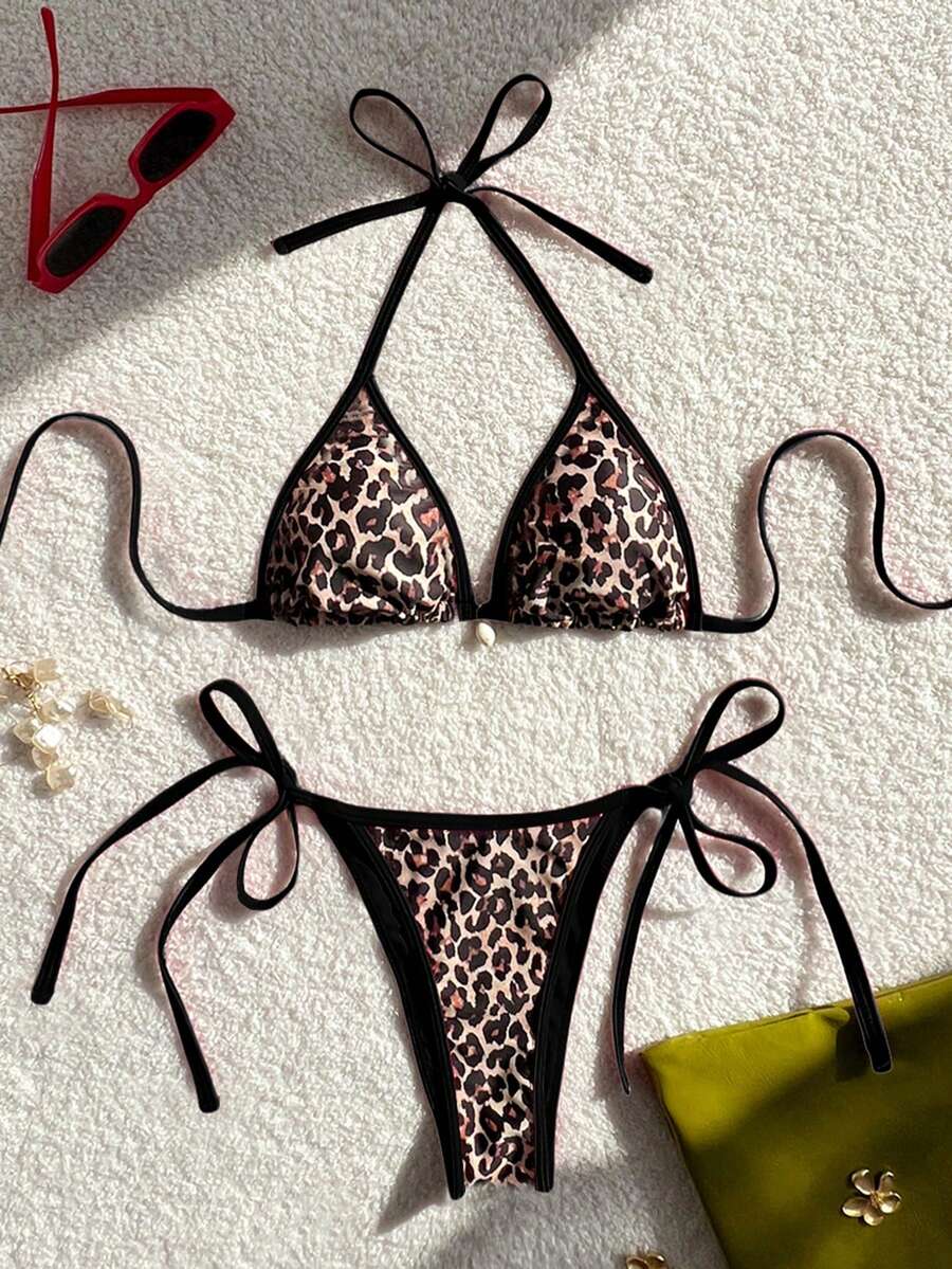 Apricot 2-piece bikini swimwear set featuring a textured halter triangle cup top with knot details and matching tie-side bottoms for women.