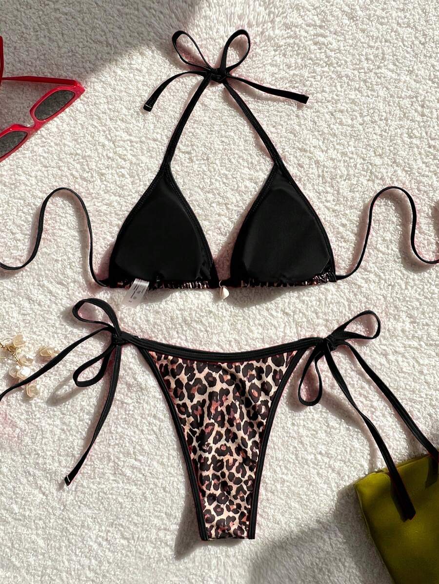 Apricot 2-piece bikini swimwear set featuring a textured halter triangle cup top with knot details and matching tie-side bottoms for women.