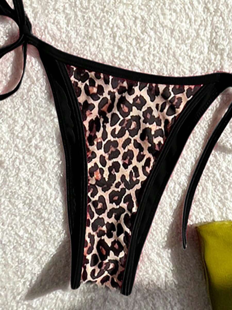 Apricot 2-piece bikini swimwear set featuring a textured halter triangle cup top with knot details and matching tie-side bottoms for women.