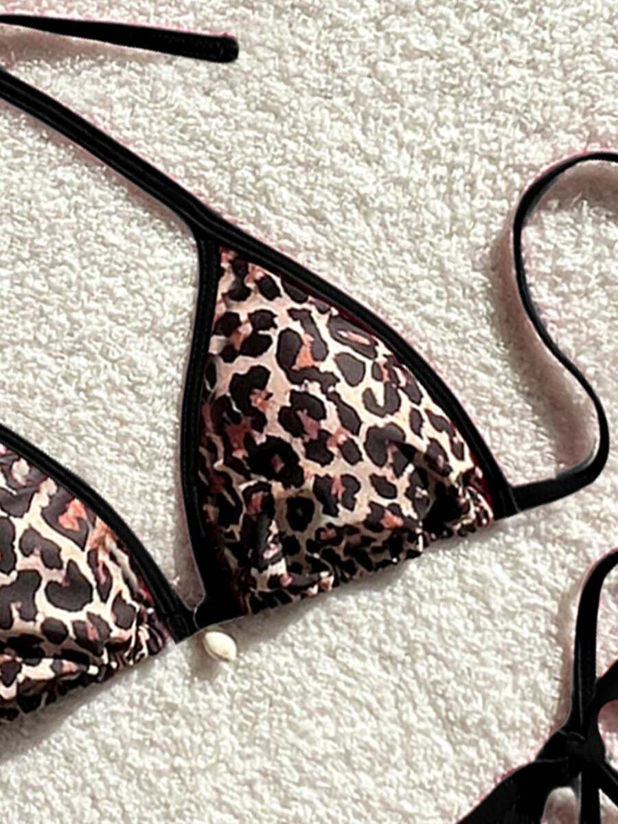 Apricot 2-piece bikini swimwear set featuring a textured halter triangle cup top with knot details and matching tie-side bottoms for women.
