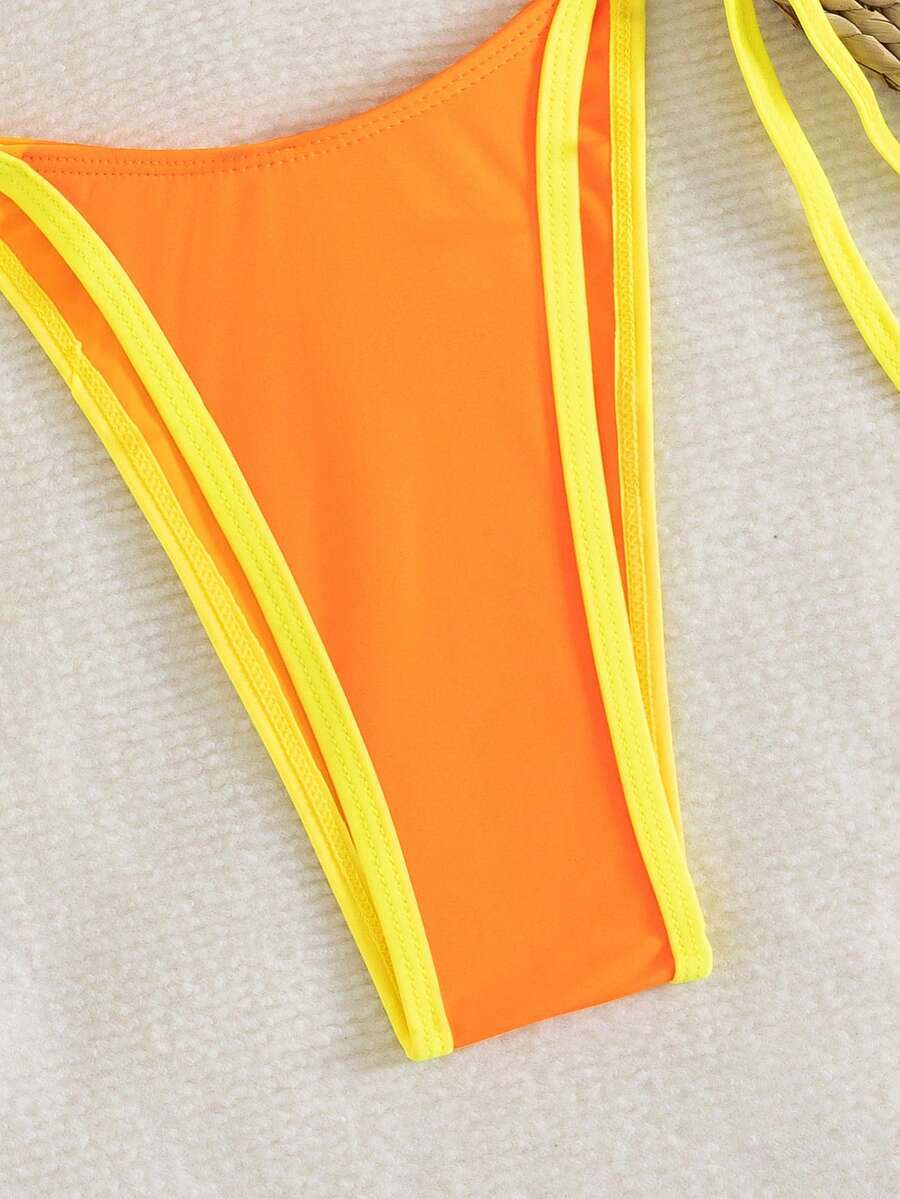 Women's two-piece halter triangle bikini set featuring a backless tie-back top with removable padding and matching tie-side mid-waist bottoms.