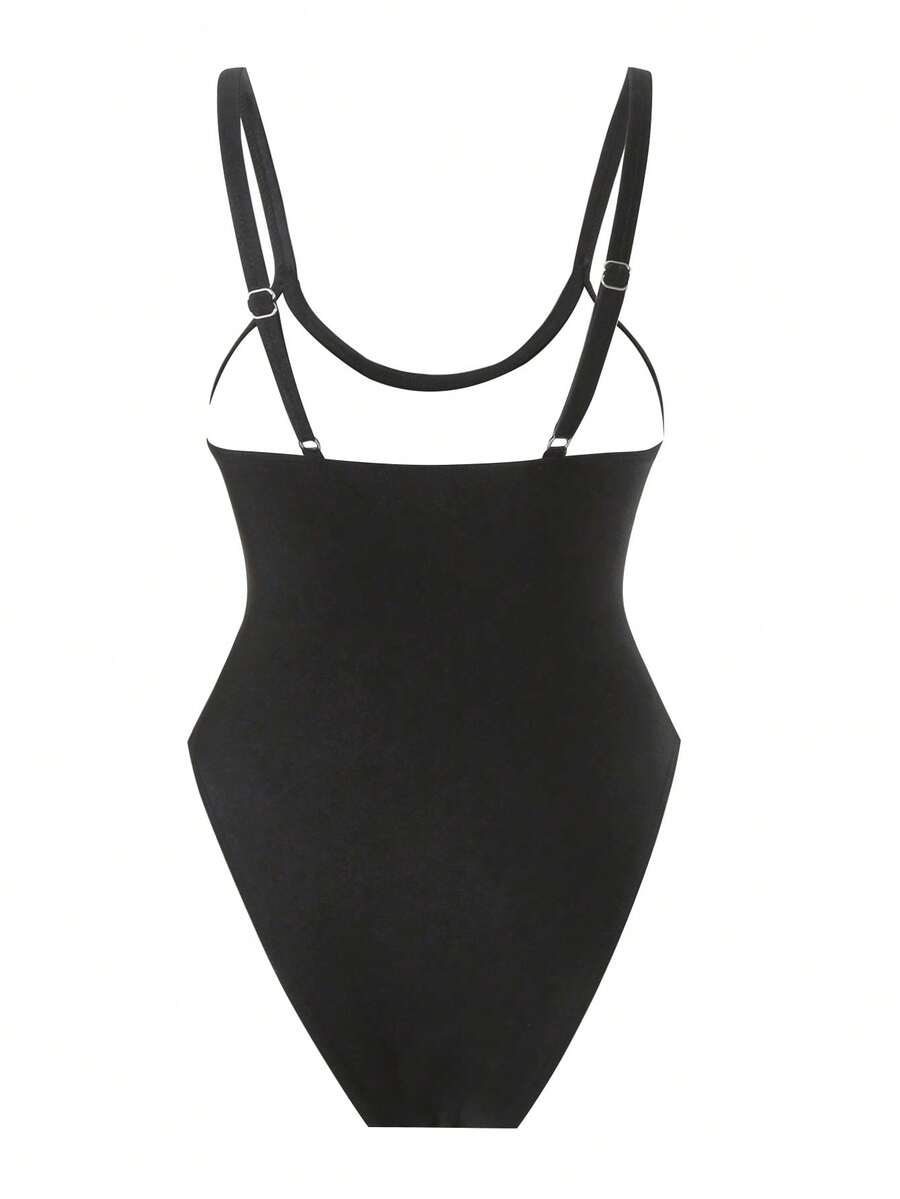 Black floral print mesh patchwork one-piece swimsuit for women featuring spaghetti straps, V-wired triangle cups, and a high waist silhouette.