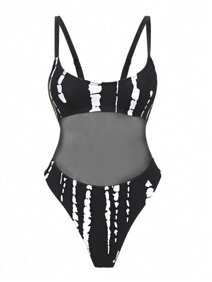 Black floral print mesh patchwork one-piece swimsuit for women featuring spaghetti straps, V-wired triangle cups, and a high waist silhouette.