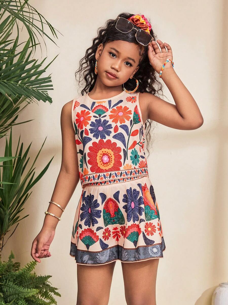 Tween girl wearing a tropical floral print two-piece vacation set featuring a sleeveless round neck tank top with button details and matching shorts.